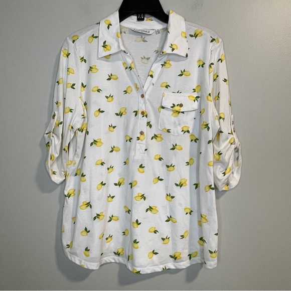 Emily Daniels Tops - Emily Daniels Beautiful Short Sleeve Collared Lemon Print Blouse- Size PL